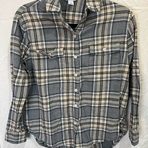 Old Navy The Boyfriend Shirt Gray & Cream Plaid Button-Up Flannel, Size XS